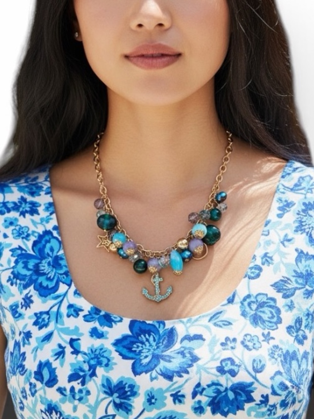 JULES B NAUTICAL RHINESTONE ANCHOR CHARM NECKLACE Teal Purple Blue Gold NWT